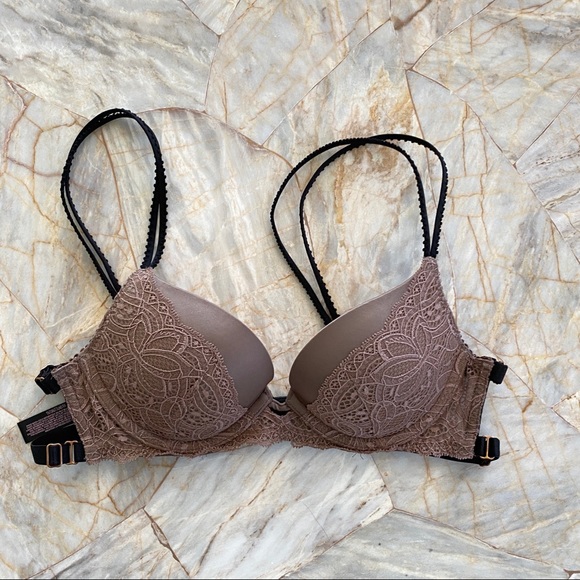 32B Bra Rare Very Sexy Bra strappy chain caged brown lace - Picture 4 of 8